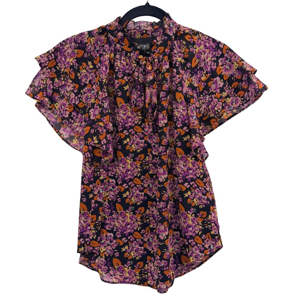 Lauren Ralph Lauren Tiered Flutter Sleeve Blouse XXS Midnight Floral Print